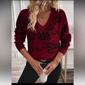 SHEIN Red and Black Floral Sweater